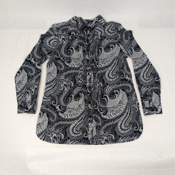Talbots Womens Medium Navy Blue White Paisley Cotton Pleated Tunic Top Blouse - Picture 5 of 10